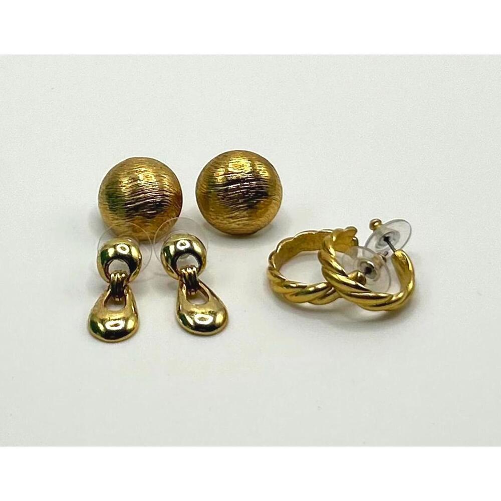 Vintage Gold Tone Earring Trio | 80s Bold Pierced Statement Hoops, Drops, Studs